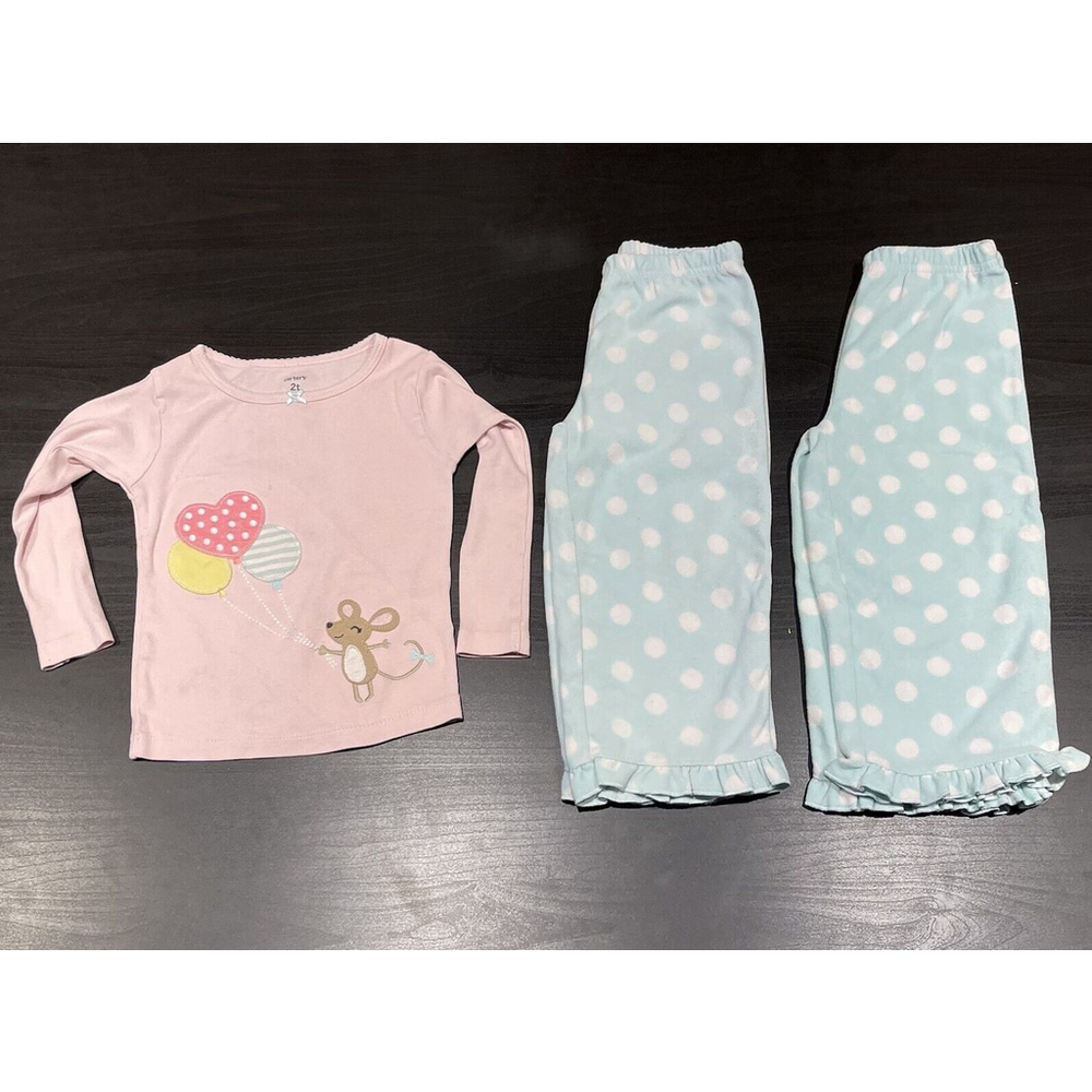 Carter’s Baby Girl 3 Piece Pjs Mouse, Balloons & Fleece Polka Dot Pants Sz 2T